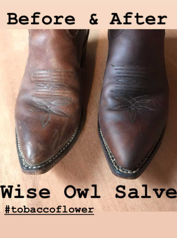 
                  
                    Wise Owl Furniture salve works great on leather. Use it on your boots, belts, and even your saddle!
                  
                
